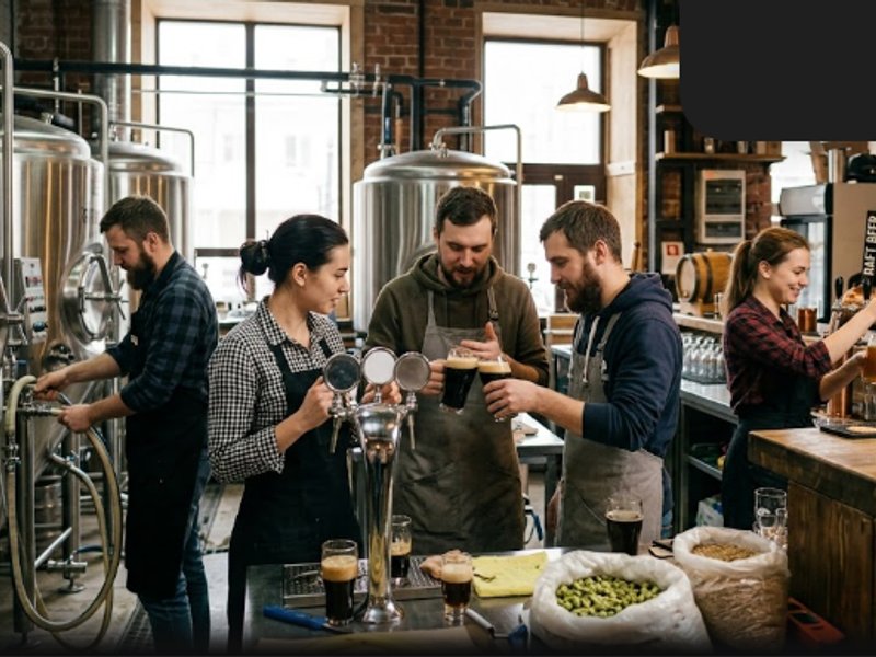 Команда крафтового бара Romeosbarandkitchen работает за стойкой в уютном интерьере с теплым освещением