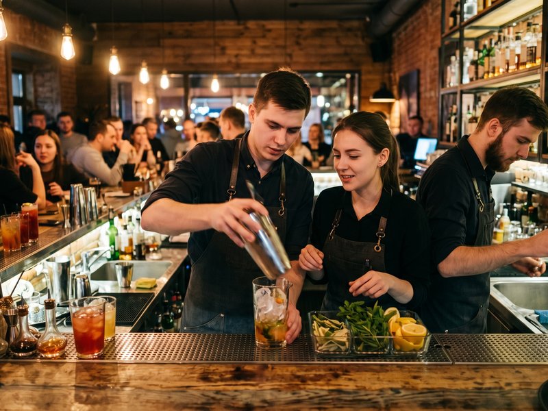 Команда крафтового бара Romeosbarandkitchen за работой в интерьере с теплым естественным освещением